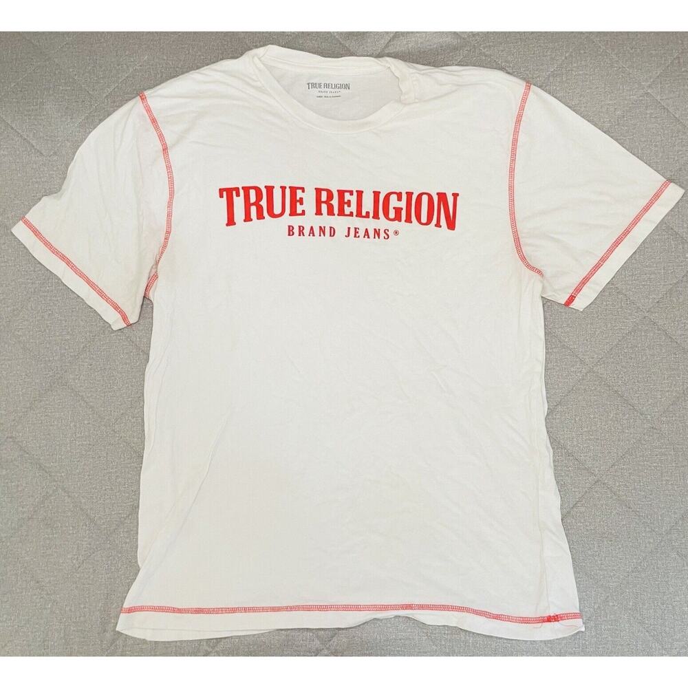 True Religion Shirt Mens XL White Red Crew Neck Graphic Spell Out Tee *